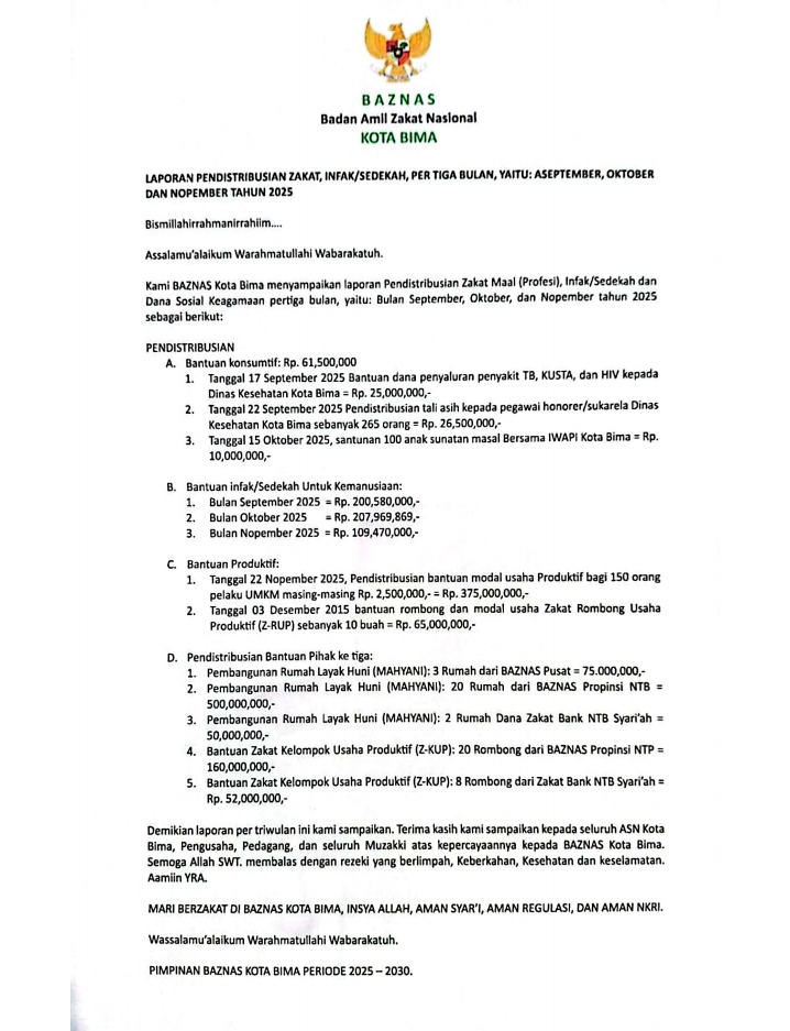 Baznas Kota Bima Rilis Laporan Distribusi Zakat Triwulan, Ratusan Juta Tersalurkan untuk Bantuan Sosial dan UMKM